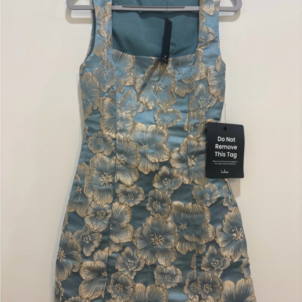 Lulu's Light Blue Jacquard Floral Mini Dress with Gold Embroidery